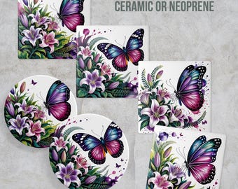 Butterfly Coaster, Round or Square Home Decor, Ceramic or Neoprene Rubber Purple Lily Home Furniture Protection