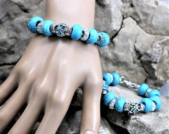 Turquoise Bead Bracelet, Large Hole Bead, European Style Bracelet, Pandora Style Bracelet, Turquoise and Silver Bracelet, Western Bracelet