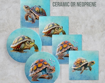 Turtle Coaster, Round Sea Life Decor, Ceramic or Neoprene Rubber Ocean Home Furniture Protection