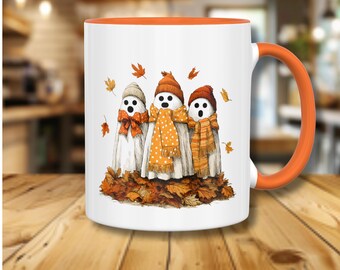 Halloween Ghosts Mug, Fall Leaves and Cute Spooky Ghosta Latte Ceramic Drinkware,  Featuring Three Ghosts on Orange Handled Mug Fall Leaves