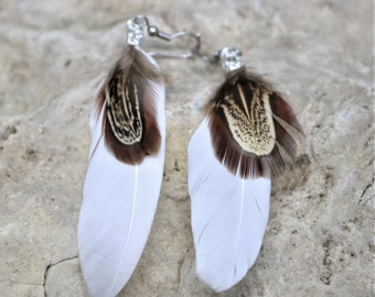 Natural Feather Earrings, Black White Brown Natural Boho Chic Style Western Jewelry, Small Gypsy Festival Accessories, Gift for Her