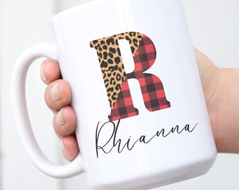 Leopard Plaid Monogram Personalized Mugs, Dishwasher Safe Birthday Present, Bridesmaid, Groomsman, Hostess, Mother's Day, Father's Day Gift