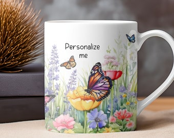 Butterflies and Wildflowers Watercolor Print Mug, Floral Ceramic with Multi Colored Dragonfly Drinkware for Coffee, Hot Chocolate, Tea