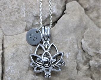 Lotus Flower Personalized Urn Necklace, Memorial Keepsake Pendant for Ashes, Cremation Jewelry Silver with Barrel Urn and Stamp Tag Initial