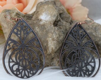 Copper Filigree Teardrop Earrings, Metal Earrings, Every Day Accessory