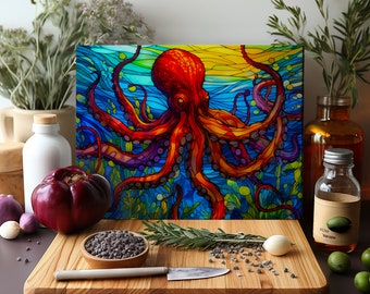Octapus Tempered Glass Cutting Board, Sea Creature Modern Chopping Tray, Serving Placemat, Charcuterie Board, All Occasion Personalized Gift