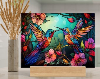 Personalized Tempered Glass Cutting Board, Faux Stained Glass Hummingbirds and Flowers, Vibrant Chopping Tray, Functional Kitchen Home Decor