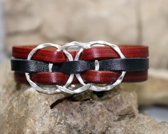 Leather Interlocking Infinity Circle Bracelet, Triple Eternity Weave Bracelet, Unique Couples Jewelry Style, Gift for Her, Gift for Him