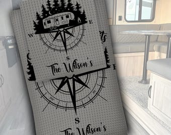 Personalized RV Mountains Compass Gray Camping Kitchen Towels, Custom Cloths for Summer Outdoor Living Easy Care, Tenting, 5th Wheel Gift