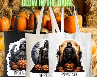 Halloween Glow in the Dark Darth Vader Trick or Treat Tote, Personalized Star Wars Eco Friendly Reusable Canvas Bag, Candy, School, Sports
