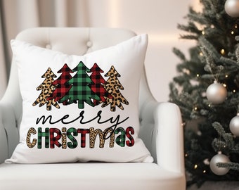 Merry Christmas Buffalo Plaid Trees Pillow Cover, Decorative Festive HolidayThrow Pillow, Bright Color Winter Holiday Seasonal Home Decor