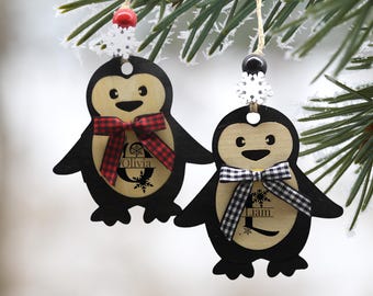 Penguin Personalized Ornaments, Custom Year, Name, Initial Wooden Christmas Tree Decoration, Cute Laser Cut Festive Holiday Decor