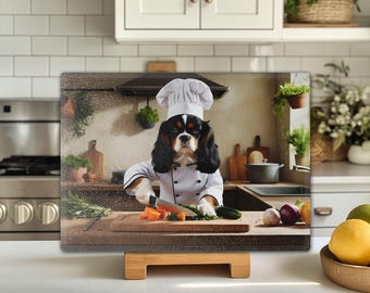 Cavalier King Charles Spaniel Chef Personalized Tempered Glass Cutting Board, Tri CKCS Chopping Kitchen Art, Charcuterie Gift for Her or Him