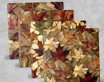 Fall Leaves Stained Glass Coasters, Square  Ceramic or Neoprene Rubber Home Decor Gift with Cork Bottom