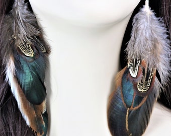 Natural Feather Earrings, Brown Feather Boho Chic Style  Natural Jewelry, Medium Length  Gypsy Festival Accessories