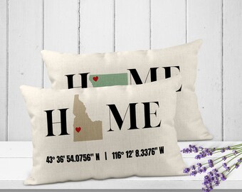 Home State GPS Coordinates with Heart on City Location Lumbar Pillow Cover, Unique USA Farmhouse Cottage Home Throw Cushion Cover Gift