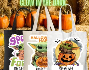 Halloween Glow in the Dark Baby Yoda Trick or Treat Tote, Personalized Star Wars Eco Friendly Reusable Canvas Bag For Candy, School, Sports