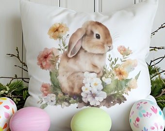 Spring Bunny Pillow Cover, Easter Watercolor Rabbit and Flowers Accent Pillow, Farmhouse Cottage Style Pink Yellow Home Throw Cushion Cover
