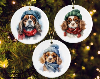 Cavaliers in Hats and Scarves Ceramic Christmas Ornaments, Cute Winter Dog Tree Decor, CKCS Holiday Decoration, Gift for Her or Him