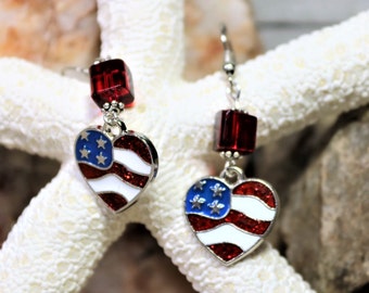 Patriotic Silver Enamel American Flag Hearts with Hypoallergenic Ear Wires, Red White and Blue for Memorial Day, Flag Day, Independance Day