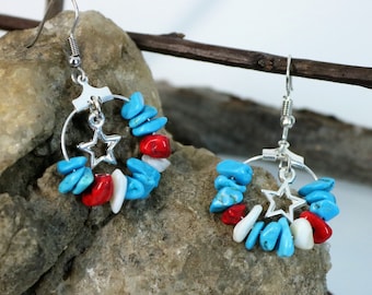 Patriotic Red White and Blue Turquoise Chip and Stars Hoop Earrings