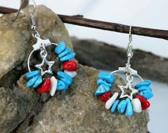 Patriotic Red White and Blue Turquoise Chip and Stars Hoop Earrings