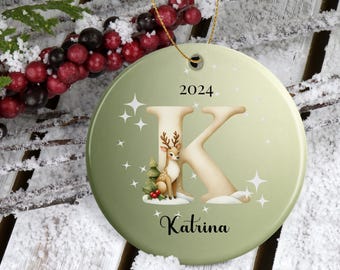 Reindeer Monogram Personalized Ceramic Ornament, Family Name Christmas Tree Decor