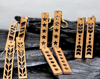 Bar Cutout Natural Wood Dangle Earrings, Fall accessory. Geometric Themed Autumn Earrings,  Gift for Her