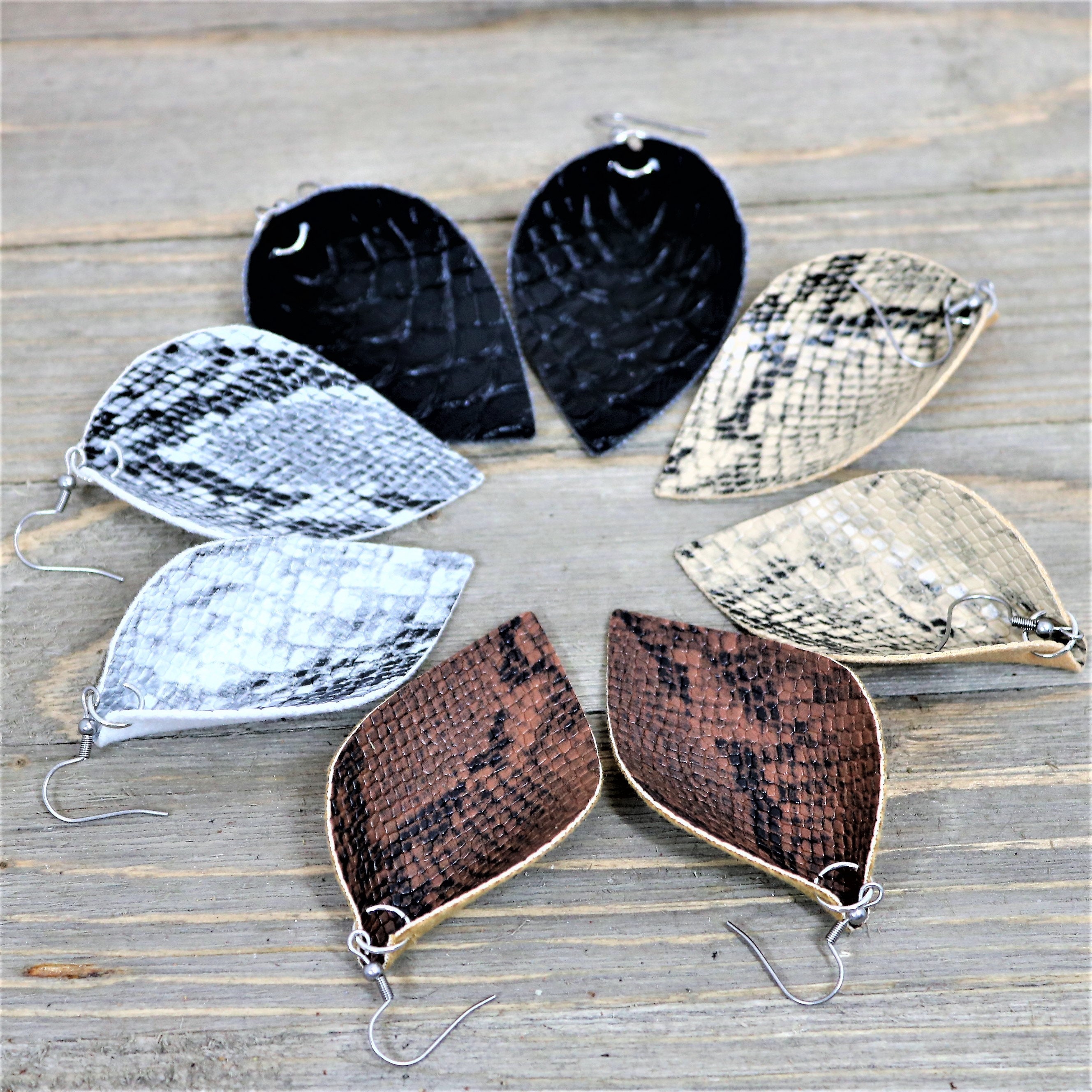 Faux Snakeskin Pinched Leaf Earrings Faux Leather Teardrop