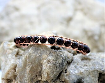 Red Tigers Eye Sterling Silver Wire Wrap Bracelet, Copper Wrapped Healing Stone Accessory Unique Handmade Unisex Jewelry Gift for Him or Her