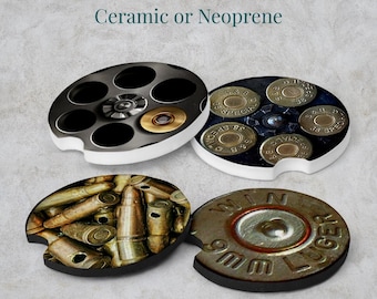 Bullet Car Coaster Set of 2, Gun Ammo Neoprene or Ceramic