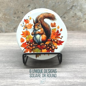 Squirrel Autumn Leaves Coaster, Round or Square Fall Decor, Ceramic or Neoprene Rubber Seasonal Thanksgiving Home Furniture Protection