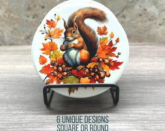 Squirrel Autumn Leaves Coaster, Round or Square Fall Decor, Ceramic or Neoprene Rubber Seasonal Thanksgiving Home Furniture Protection