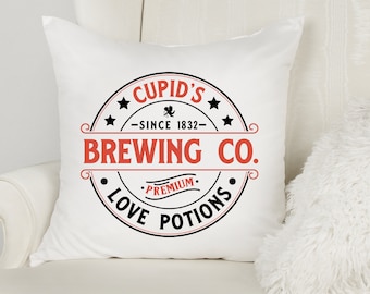 Cupids Brewery Love Potions Vintage Sign Pillow Cover, Red and Black Valentine Day Romance Home Deco, Throw Pillow Cover