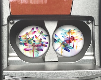 Watercolor Dragonfly Neoprene Car Coaster Rubber Drink Cushion, Vehicle Travel Accessory for Truck, Motor Home, Boat Gift for Him, Her