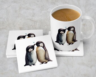 Penguin Love with Blue Heart Holiday Coasters, Round or Square Birds Ceramic or Neoprene Rubber Home Decor Gift