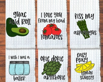 Funny Vedgetables Waffel Weave Dish Towels  , Micro Fiber Kitchen Towels, Veggie Sayings Single or Sets, Home Decor  Hostess, Birthday Gift