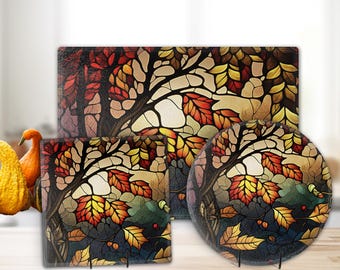 Autumn Maple Leaves  Falling from a Tree Personalized Tempered Glass Cutting Board, Kitchen Art Modern Chopping Tray, Charcuterie Board