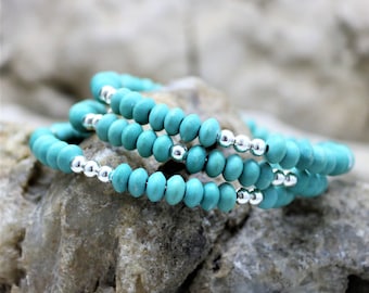 Silver Turquoise Stack Style Bracelet, Memory Wire 3 Wrap Western Bohemian Accessory Jewelry Gift for Her, Fresh Fashion Boho Style