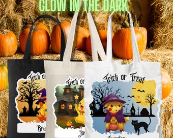 Halloween Trick or Treat Pokemon Bag, Glow in the Dark Personalized Spooky Reusable  Canvas Tote  Candy Bag, Strong Seasonal Reinforced
