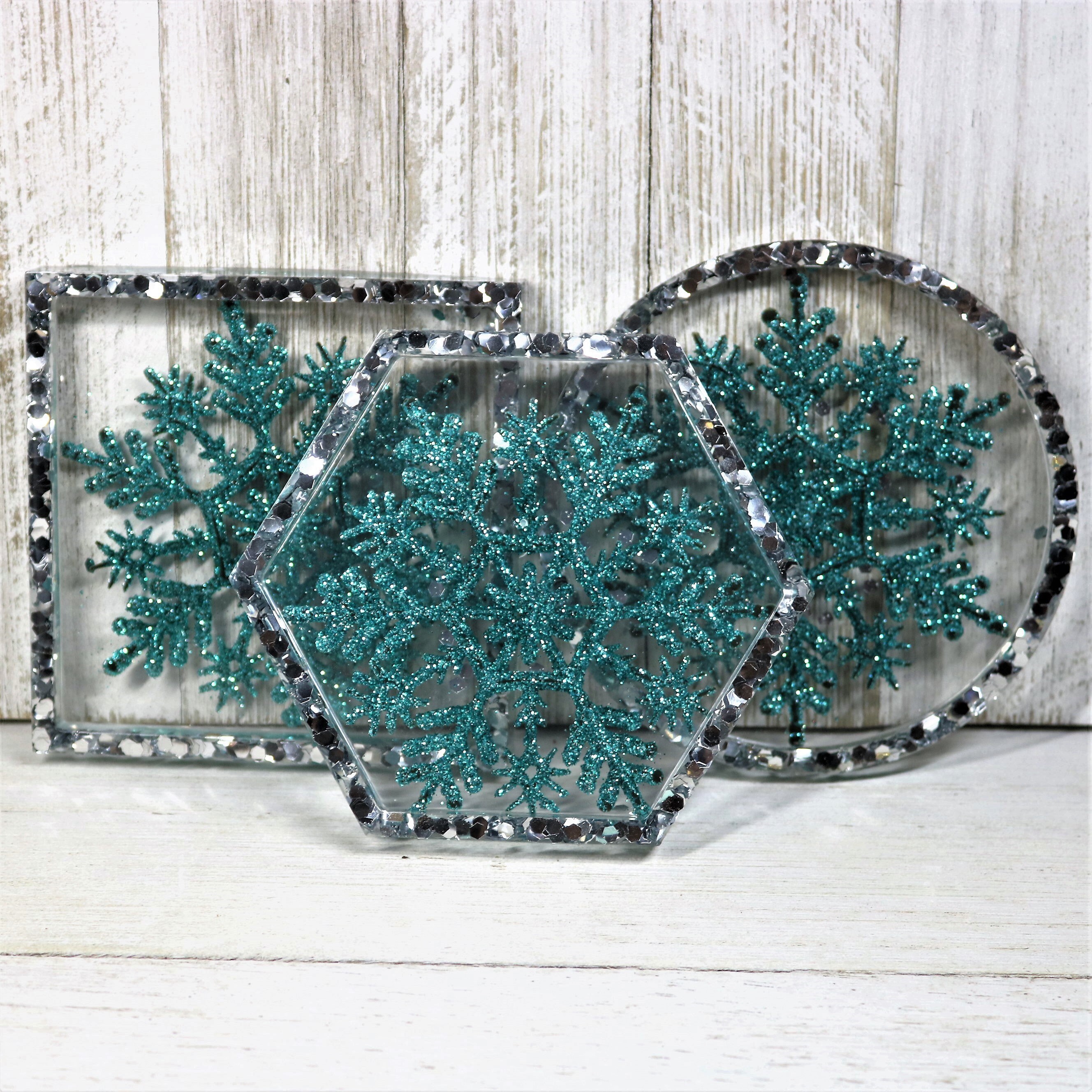 Resin Holiday Coaster Blue Snowflake Silver Glitter Trinket Etsy