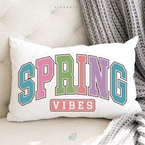 Spring Vibes Lumbar Pillow Cover, Easter Collage Print Accent Pillow, Farmhouse Cottage Style Pink Blue Home Throw Cushion Cover