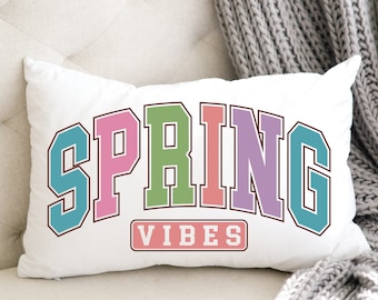 Spring Vibes Lumbar Pillow Cover, Easter Collage Print Accent Pillow, Farmhouse Cottage Style Pink Blue Home Throw Cushion Cover