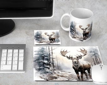 Winter Moose Desk Set, Snowy Forest Mousepad Coaster Work Station Accessory, Office Computer Table Decor, Stain Resistant Neoprene Rubber