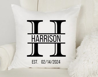 Split Modern Monogram Personalized Throw Pillow Cover, Custom Name Date Established Wedding, Hostess, Housewarming Gift, New Place Home Deco