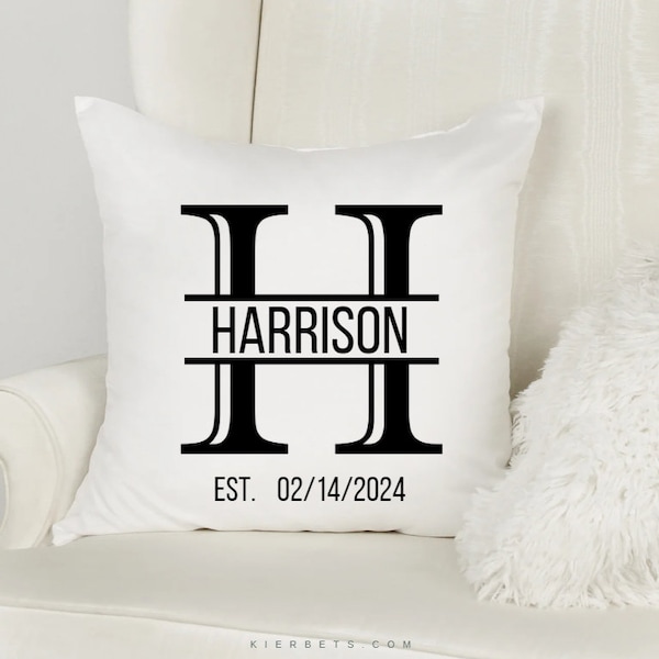 Split Modern Monogram Personalized Throw Pillow Cover, Custom Name Date Established Wedding, Hostess, Housewarming Gift, New Place Home Deco