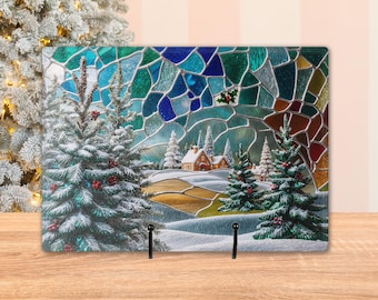 Christmas Village Faux Stained Glass Personalized Holiday Tempered Glass Cutting Board, Modern Chopping Tray, Charcuterie Board, Custom Gift