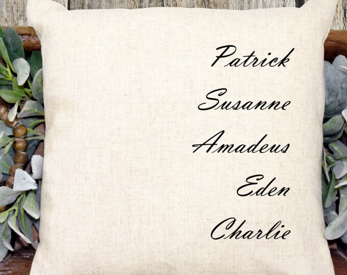 Featured listing image: Custom Personalized Family Names Pillow Cover, Decorative Throw Pillow, Wedding, Housewarming, Birthday, Grandmother, Mother's Day Gift