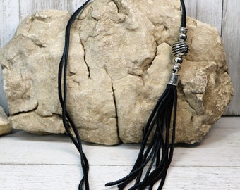 Long Leather Beaded Tassel Pendant Necklace, Natural Bohemian Tassel, Black and Silver Boho Fashion Accessory, Genuine Leather Gift for Her