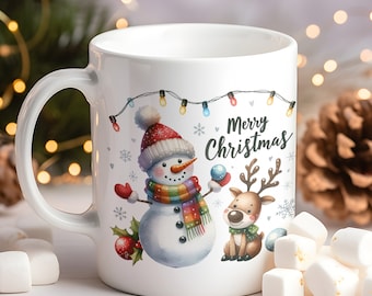 Snowman Lights and Raindeer Merry Christmas Mug, Cute Watercolor Ceramic Cup , Christmas Holiday Coffee Drinkware Gender Neutral Gift